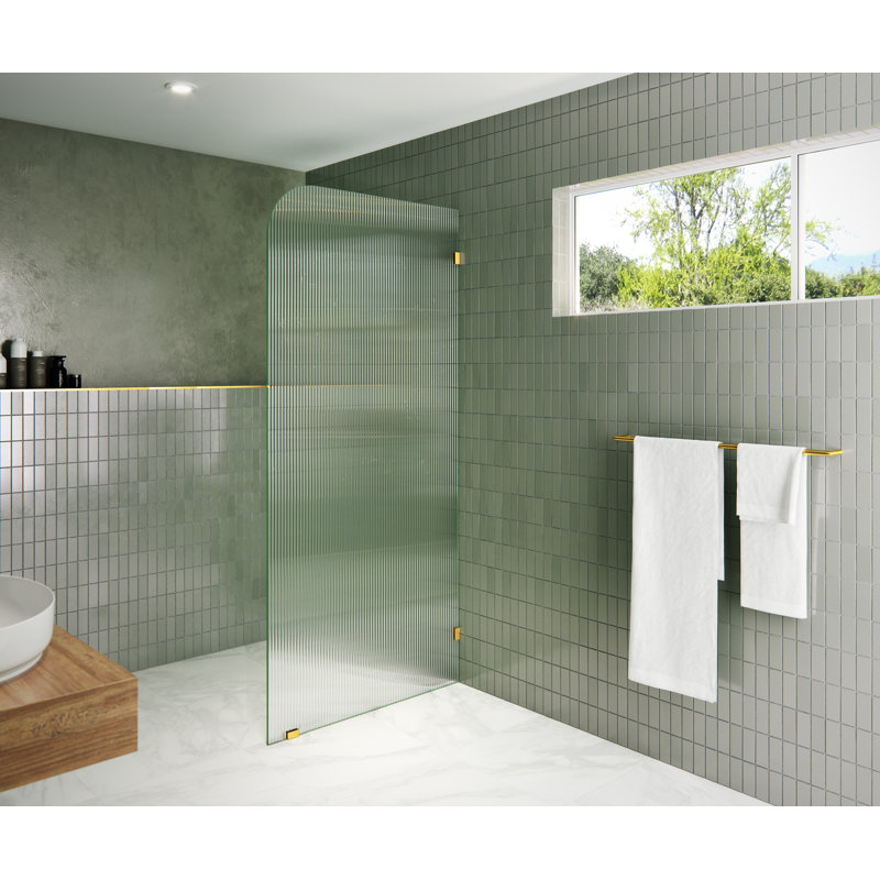 Aurora 34 in. x 78 in. Fully Frameless Fluted Radius Single Fixed Shower Panel, Right Opening, Satin Brass