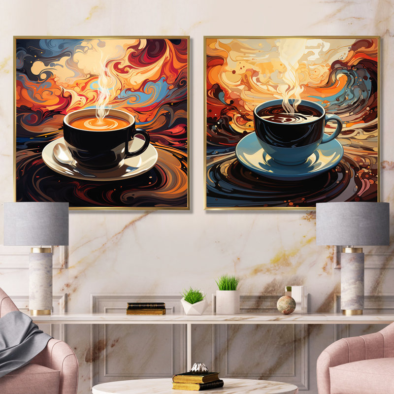 «Yellow Steaming Cup Of Coffee I», ensemble de 2 impressions sur toile de café, Cadre flottant doré
