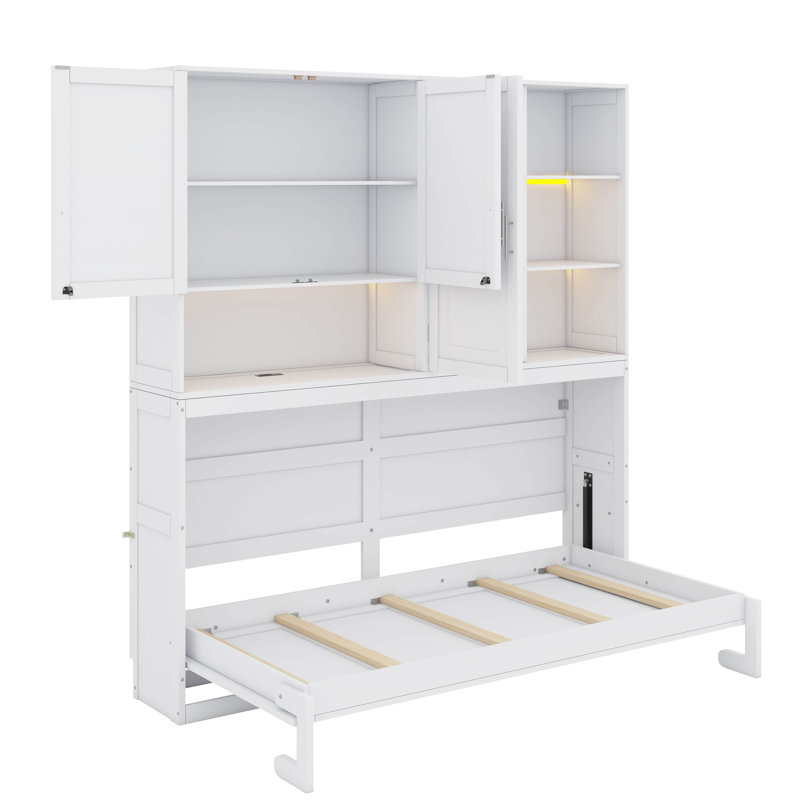 Lit escamotable simple peu encombrant avec armoire suspendue et tablettes personnalisées, Blanc