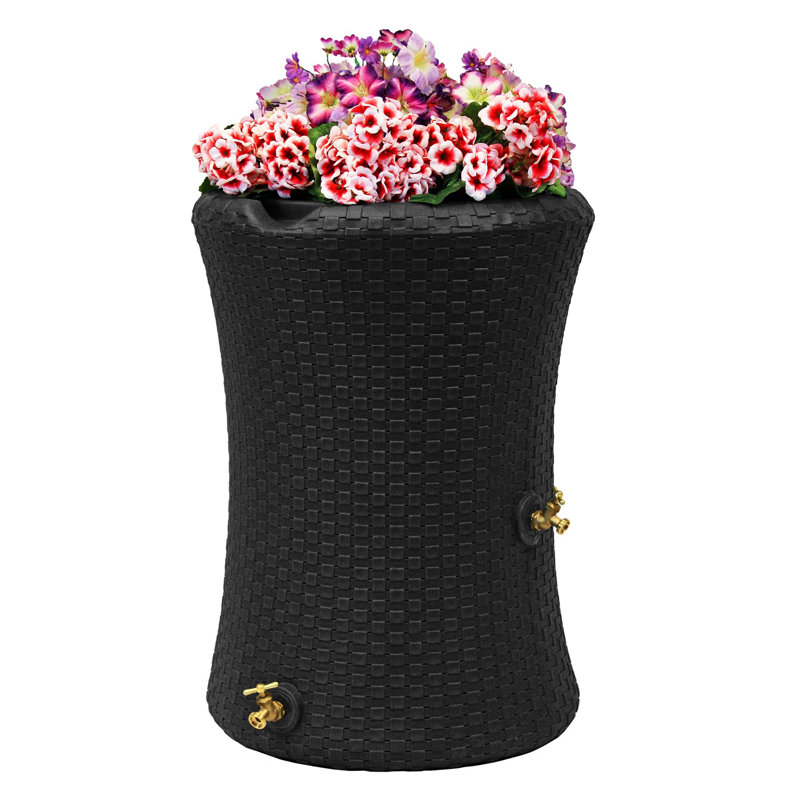 Black Wicker 50 Gallon Rain Barrel with Planter Top