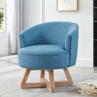 Chaise pivotante avec base en bois en forme de croix, chaise longue avec pieds en bois massif, chaise pivotante à 360 °, tissu en lin classique pour le salon, la chambre à coucher, le bureau et la commode - bleu clair