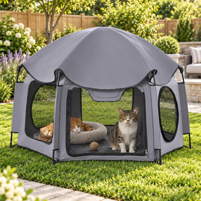 55" Pop-Up Outdoor Cat Enclosure with Removable Sunshade and Zippered Doors