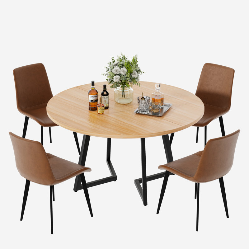 Mid Century Round Dining Table Sets, Brown, Natural Wood, 5