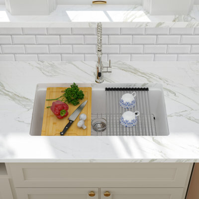 33''L x 19''W Quartz Undermount Workstation Kitchen Sink, White Granite Composite Single Bowl Kitchen Sink with Accessories