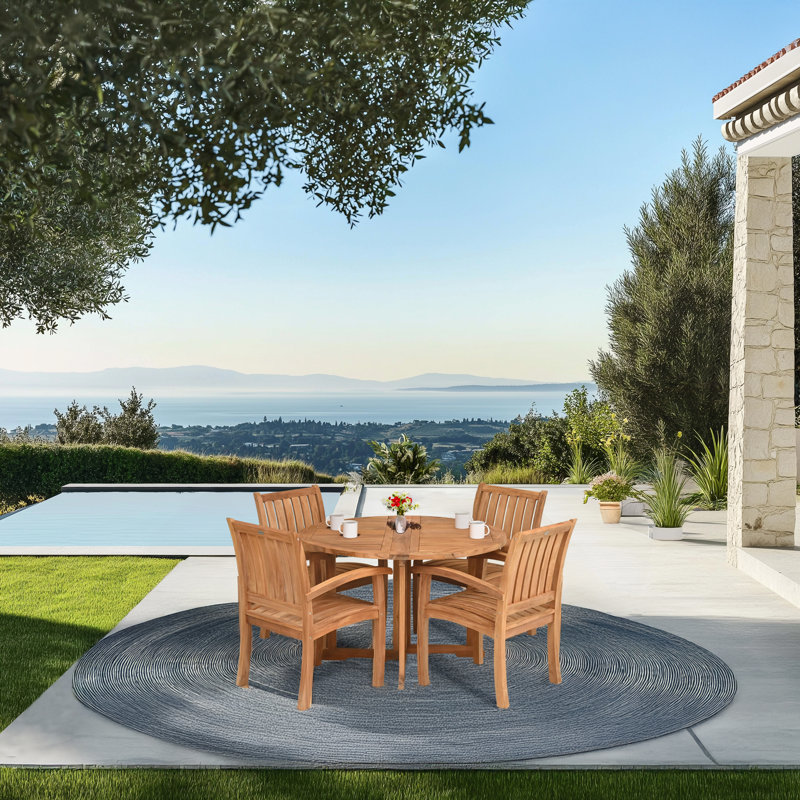 5 Piece Teak Wood Dining Set Including 47" Round Butterfly Folding Table With 4 Abacho Arm Chairs