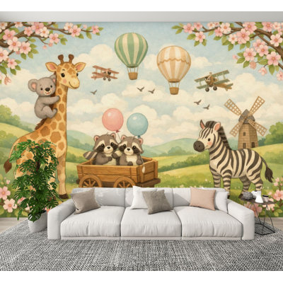 Papier peint pelez et collez, parade d'animaux fantaisistes, girafes, montgolfières, murales murales boisées H 100 po x l 144 po, papier peint amovible en PVC, adhésif pour chambre à coucher, bureau à domicile