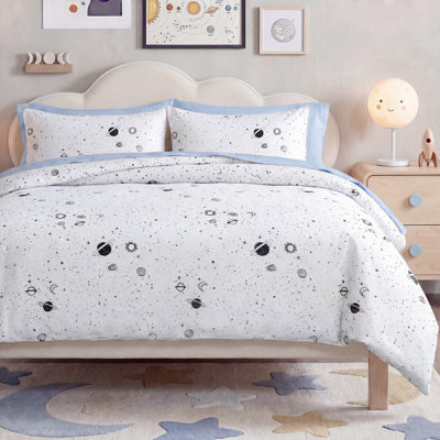 100% Cotton Duvet Cover Set King Size, 3 Piece, White Space Galaxy Bedding, Soft 200TC Twill Cotton with 8 Corner Ties & Dual Zipper