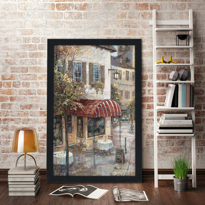 « coffee house ambiance », reproduction de peinture à l’huile encadrée, H 51,5 po x l 35,5 po x P 0,75 po