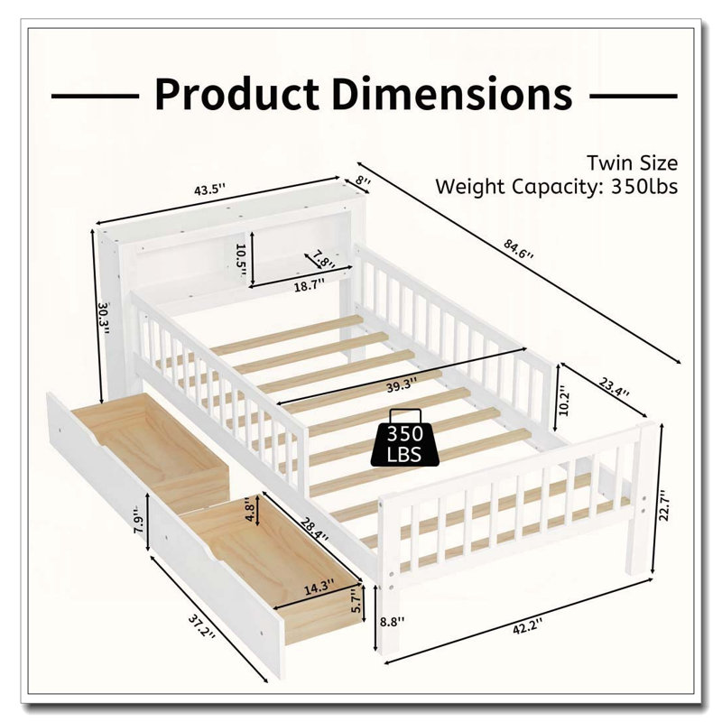 Lit simple avec support de rangement pour tête de lit, 2 tiroirs et garde-corps à 3 côtés, blanc, Blanc