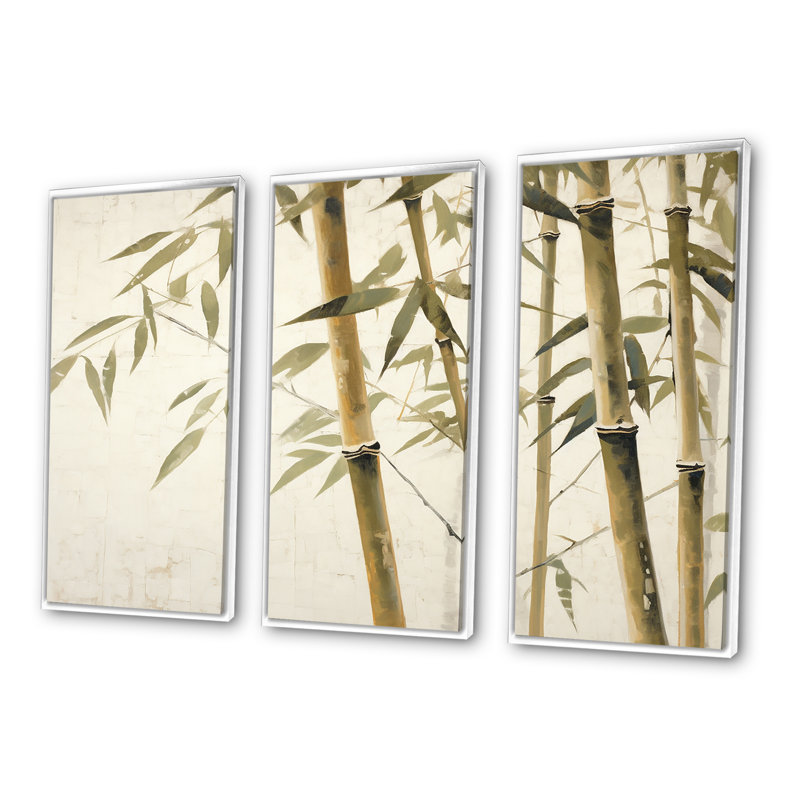 Beige minimalisme bambou sérénité II - ensemble d'art sur toile en bambou, Cadre flottant blanc, H 28 po x l 36 po x P 1 po