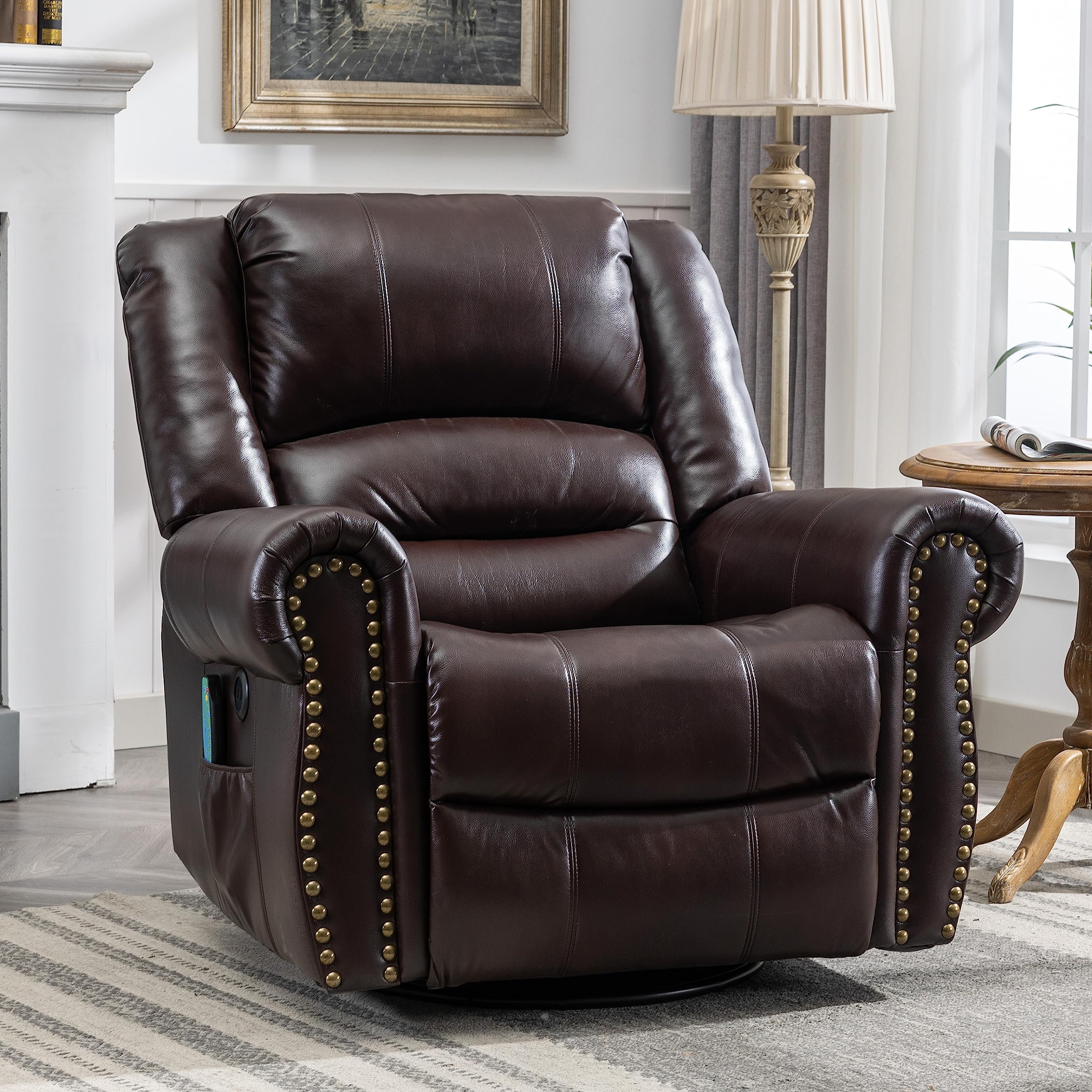 Vegan Leather Manual Swivel Rocker Glider Recliner Chair with Massage & Heat, Lumbar Pillow Included Ebern Designs Leather Type: Brown Faux Leather