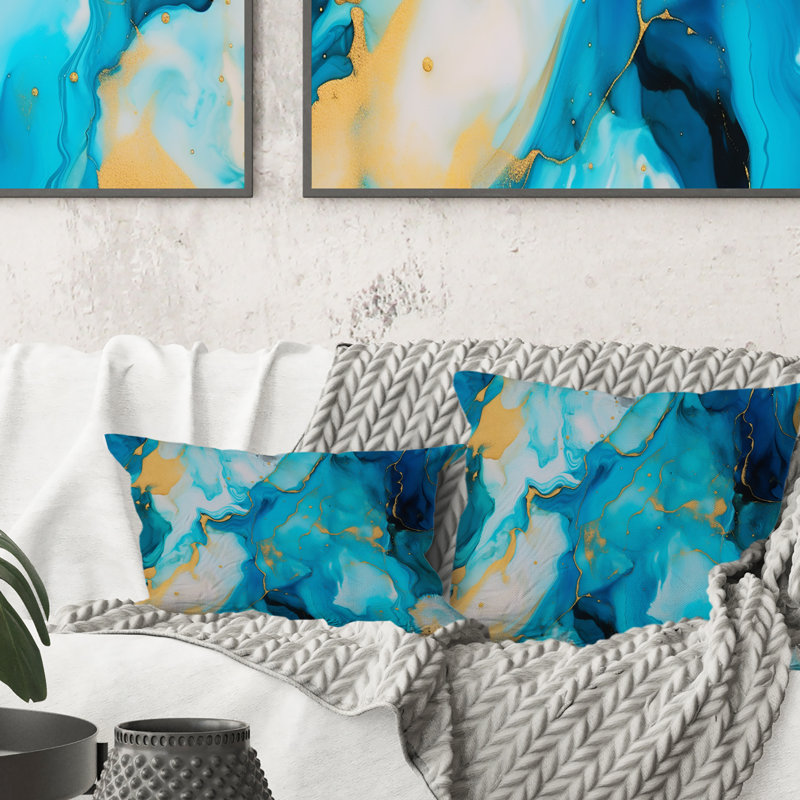 Turquoise, luxe, abstrait, fluide, art, IV - coussin décoratif imprimé abstrait