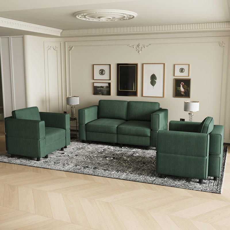 Ensemble de salon modulaire rembourré Elda, Velours côtelé vert