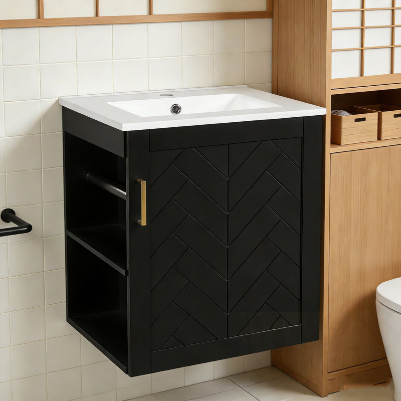 Armoire de salle de bain avec lavabo, 1 porte et tablette latérale, Noir