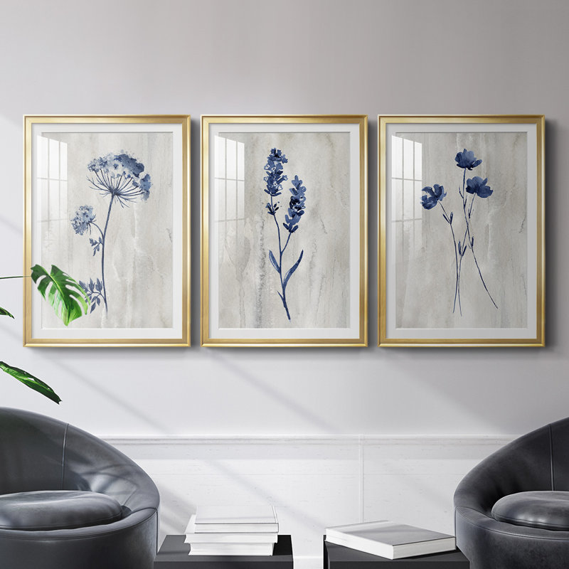 " Indigo Botanical I " 3 - Pieces Painting Print, Gold Framed, 36.5" H x 53" W x 2.5" D