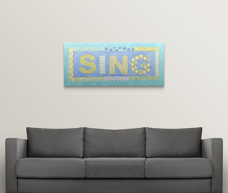 «Sing» Shelteridge, art textuel, H 27 po x l 60 po x P 1,5 po, Toile