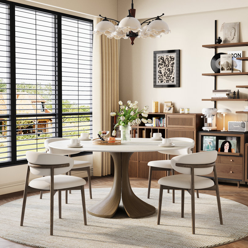 Aurora 47‘’/53‘’/59‘’ Farmhouse Round Sintered Stone Dining Table - Sculptural Solid Hardwood Pedestal For 4-8