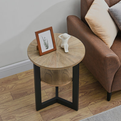 Wexford Collection Round Wood End Table with Lower Shelf, Black Metal Frame, 24" High