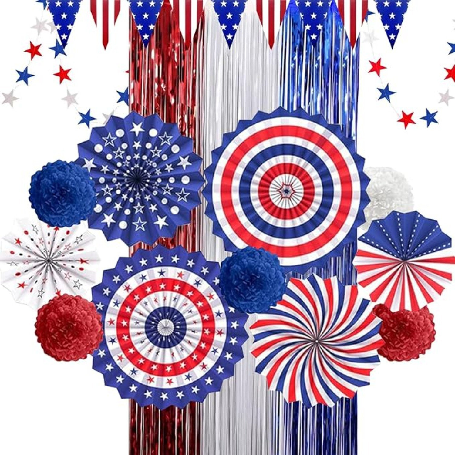 4Th Of July Decorations Patriotic Decor American Flag Red White Blue Paper Fans Independence Day Star Streamer, Foil Fringe Curtain, Pom Poms, USA Pennant Bunting Party Decor Supplies