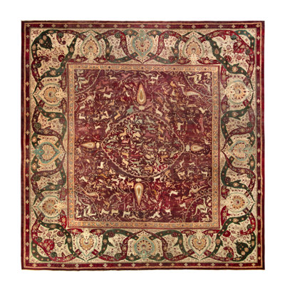 Agra One-of-a-Kind Rectangle 14'2" X 14'5" 1910s Wool Area Rug in Brown/Green/Red