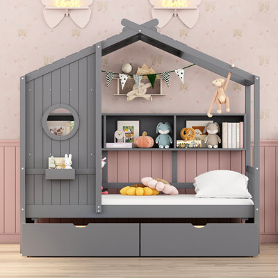 Full Size Wooden House Bed In Gray With 2 Drawers And Back Shelf, Safe Comfortable Sleeping For Size, Bed, Color, Storage Drawers, Shelf Accessories, Play Area