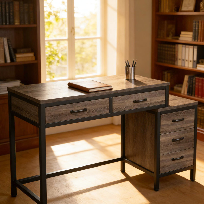 Bureau avec classeur à 3 tiroirs, conception compacte, rangement spacieux, égratignure, look industriel rétro