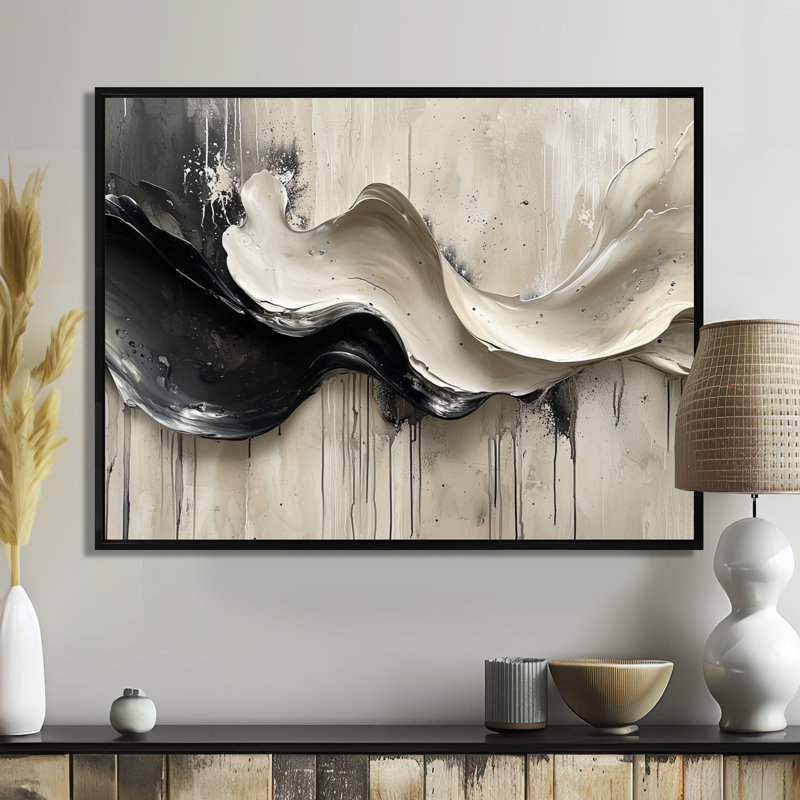 Gris sur fond blanc l'encre rythmique de la rivière Ink III - Vagues modernes abstraites, H 30 po x l 40 po, Noir