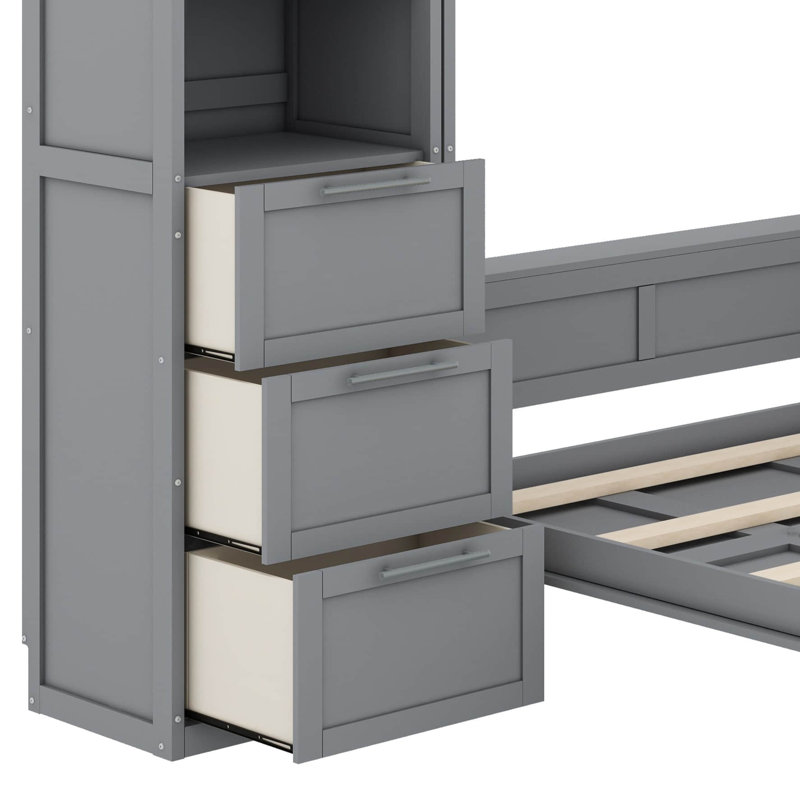 Grand lit escamotable mural avec rangement intégré pour garde-robe, gris