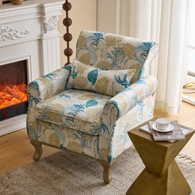 Floral Print Velvet Accent Chair With Pillow, Solid Wood Legs