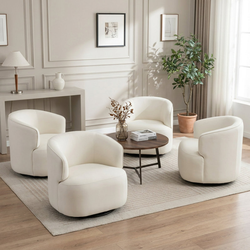 Fauteuil demi-tonneau pivotant en velours Tybias, Beige Velvet