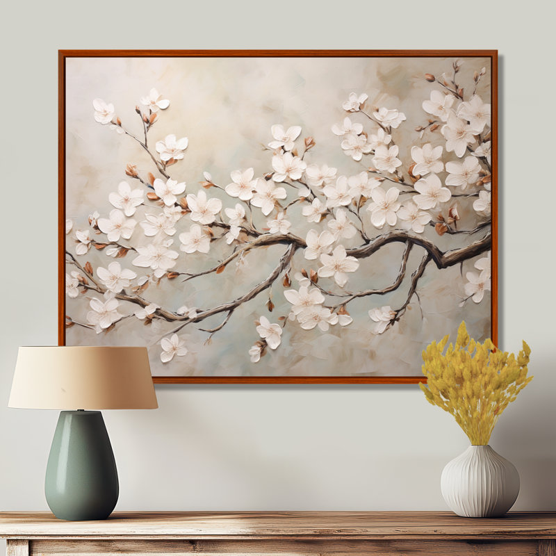 Minimalisme blanc et gris Cherry Blossom III - art mural Cherry Blossom, H 24 po x l 32 po x P 1 po, Cadre flottant brun