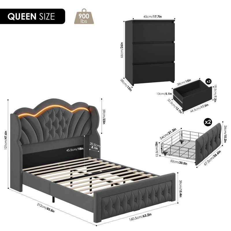 ON SALE 3-Piece Bedroom Sets, Velvet Upholstered Wingback Bed With LED Headboard And Storage Drawers, 2 3-Drawer Nightstands With Charging Port