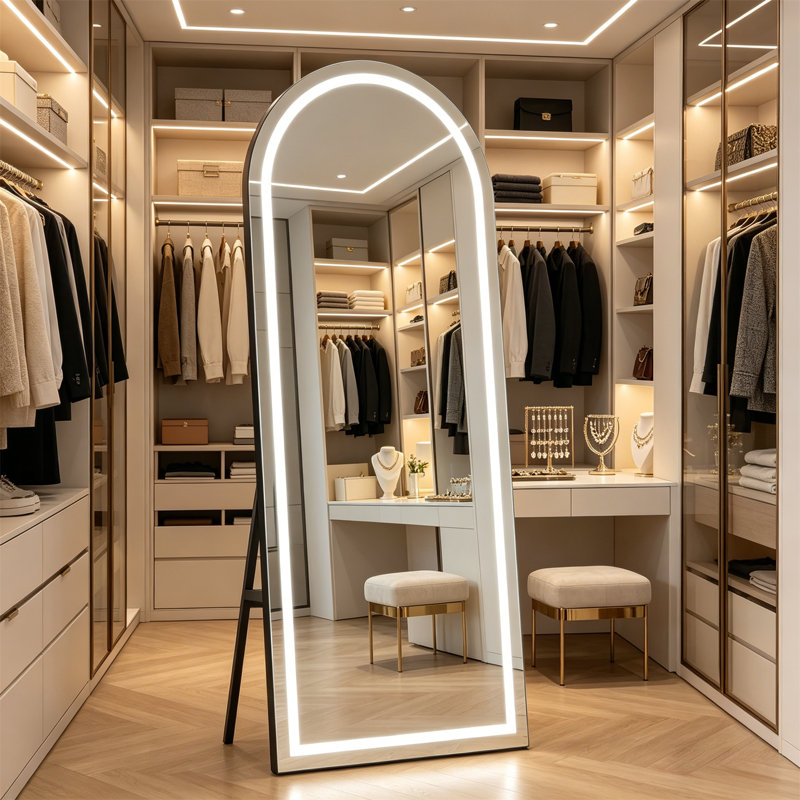 Full-Body Mirror, Arched LED Mirror With Adjustable Color Temperature And Brightness, Available For Floor-Standing Or Wall-Mounted Installation, Suitable For Bedrooms, Dressing Rooms, And Living Rooms