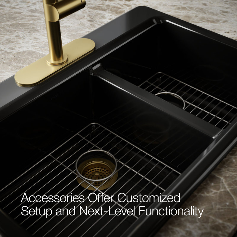 Riverby 33 In. Top-Mount Double-Bowl Kitchen Sink, 3 hole, Black, Large/medium bowls