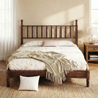 Solid Wood Retro Platform Bed with Gourd Spindle Headboard and Slat Support, No Box Spring Required, Multiple Sizes and Finishes