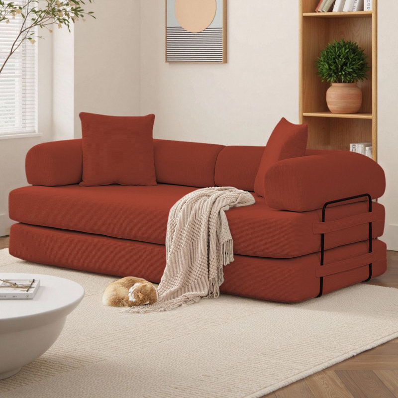 Canapé-lit pliant 78,5 po convertible 4 en 1 en velours côtelé modulaire 3 places avec 2 coussins, très grand lit pliable pour appartement (capacité de 600 lb)