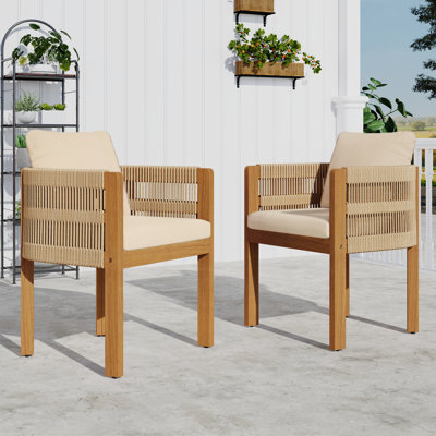 Gariepy Patio Acacia Wood Dining Chairs With Woven Rope & Cushions by Millwood Pines