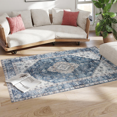 Distressed Vintage Blue Area Rug - Intricate Stitched Edges, Warm Barefoot Comfort For Home Nooks