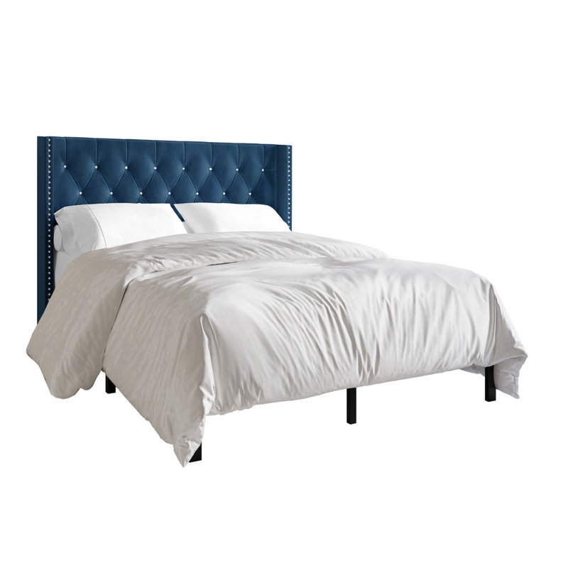 Ffyona Upholstered Wingback Bed, Full/Double, Navy Blue