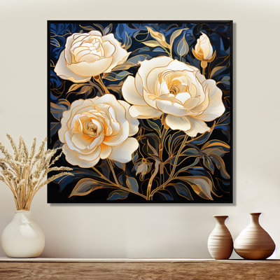 «White Rose Golden Leaves Retro Blue - Roses», art mural