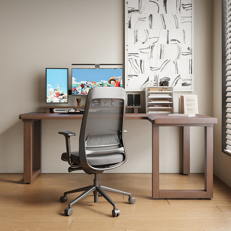 Light Walnut Color L-Shaped Solid Wood writing desk, Light Walnut, Right Hand Return, 29.53" H x 70.87" W x 39.37" D