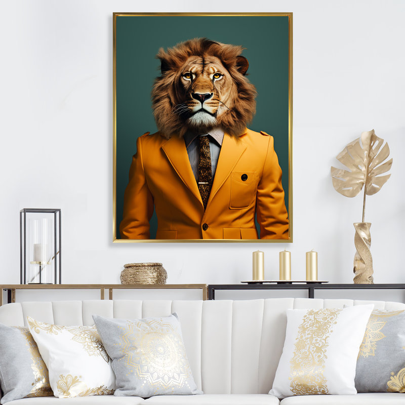 Jaune avec lion II, Cadre flottant doré, H 44 po x l 34 po x P 1,5 po