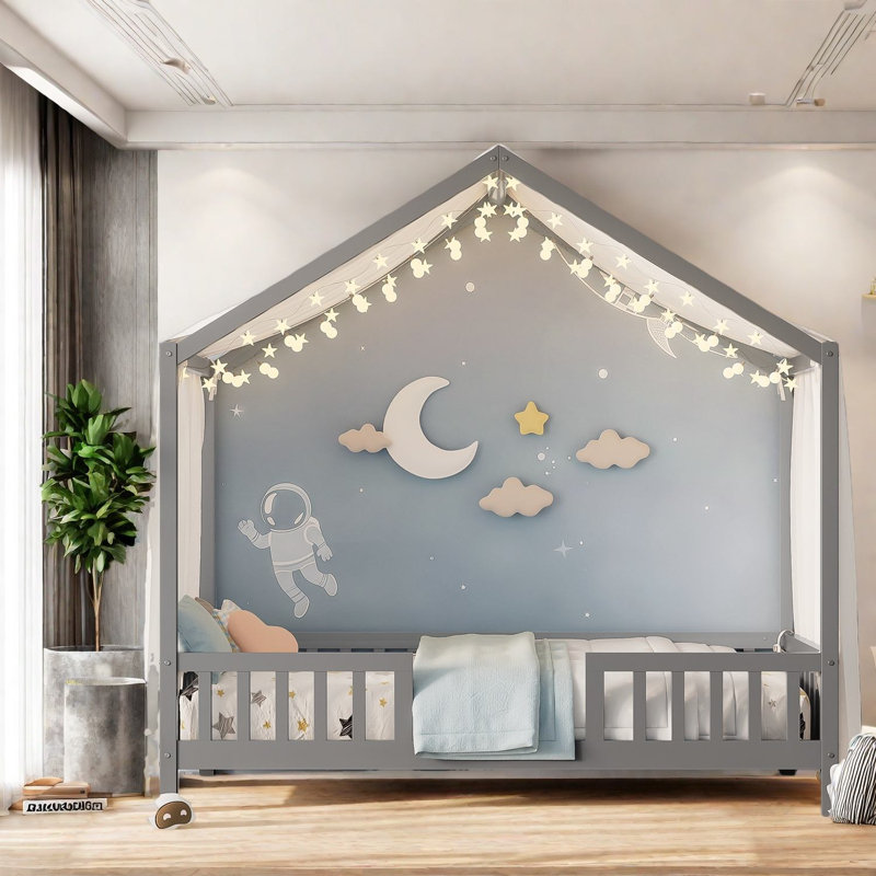 Lits robustes en bois pour enfants, lit sur pied gris Montessori avec auvent, style maison moderne