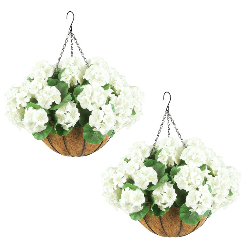 Ensemble de 2 fleurs de géraniums artificiels avec paniers suspendus et 12 paquets de fleurs pour l'intérieur et l'extérieur
