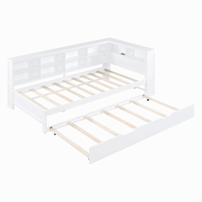 Lit de jour en bois avec lit gigogne simple, lit de jour avec tablette de rangement et ports de chargement USB
