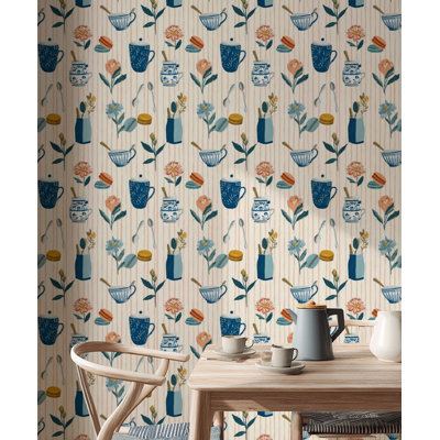 Tea Time Wallpaper Kitchenware Blue And White Ceramics Decorative Mural