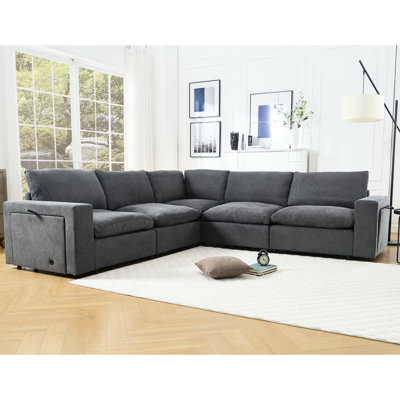 Modulaire de salon gris, modulaire avec espace de chargement et de livres sans fil, 5, en forme de L, tissu doux, canapé modulaire bricolage, porte-gobelets, lin