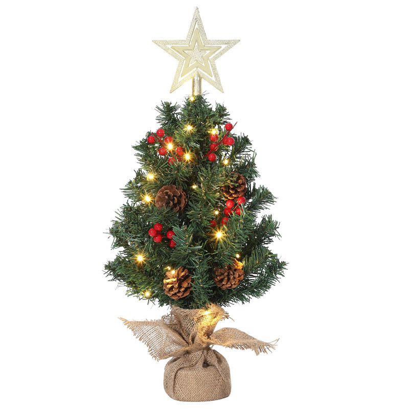 Mini arbre de Noël 24 pouces avec 30 lumières DEL, baies rouges et pommes de pin pré-éclairées, décoration de table à piles