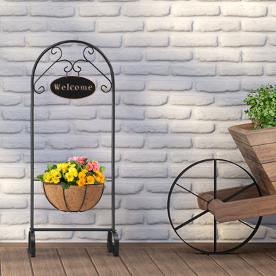Metal Welcome Sign Plant Stand With Coconut Planter – 39.5" Tall Indoor/Outdoor Floor Planter