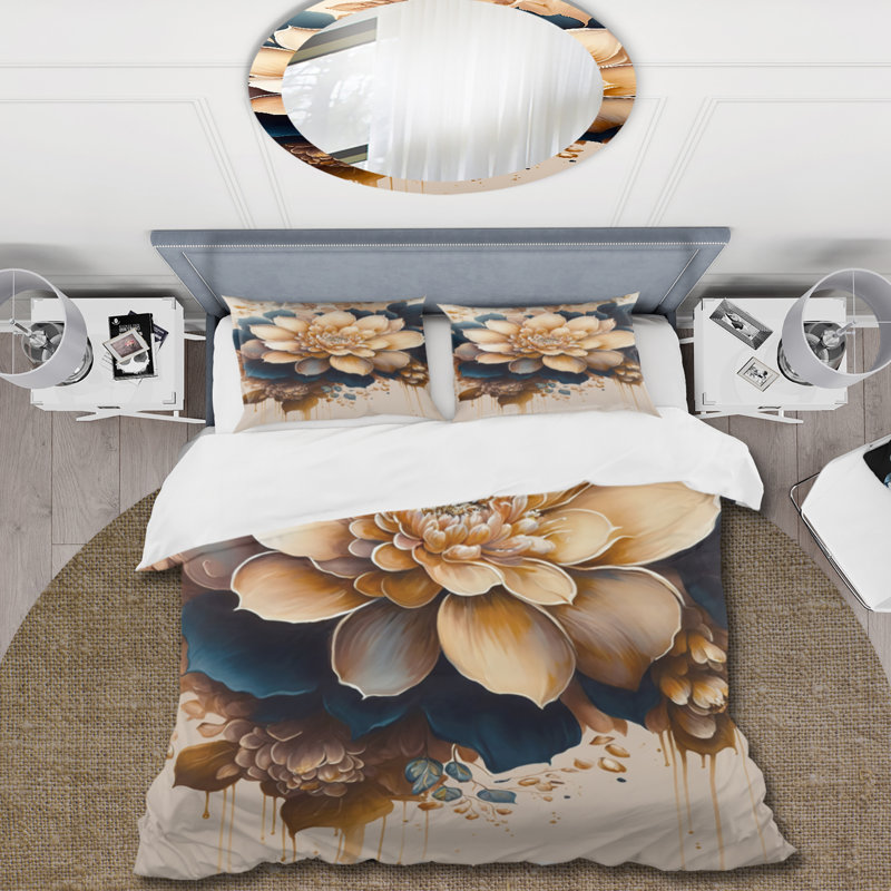 Orange clair et bleu foncé Dahlia III - ensemble de housse de couette floral Dahlia - microfibre de polyester